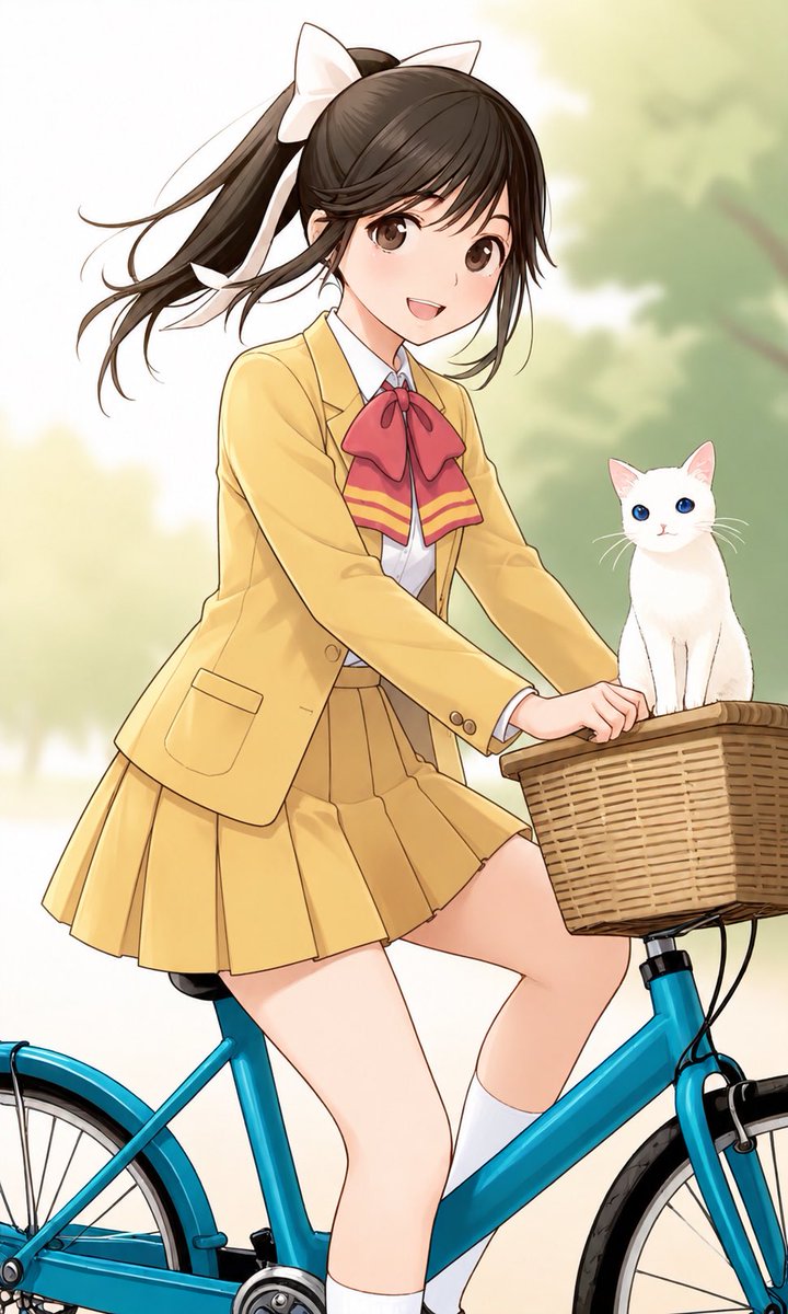 andouai0910's tweet photo. 店員マナ「今日のツンデレカフェは〜
ハイスクール奇面組デーだよ！
私、一度この制服を着てみたかったんだ♪
っと言う事で学校に行って来ます☺️」

白猫ฅ•ω•ฅニャ♪

ヒヨコ🐥転校生プレイかな？ https://t.co/BzWtj0pFko