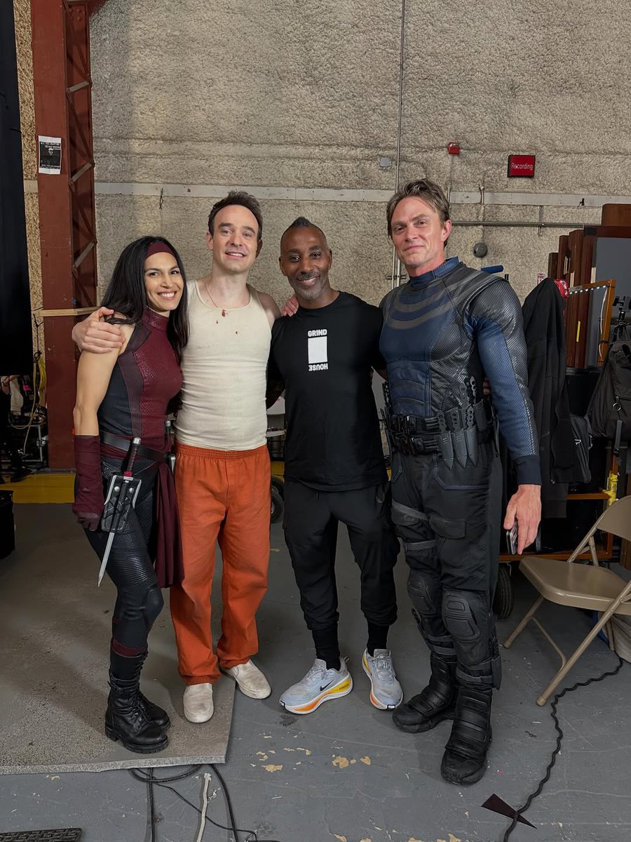 DDevilUpdates's tweet photo. Elodie Yung, Charlie Cox, and Wilson Bethel behind the scenes of ‘DAREDEVIL: BORN AGAIN’ Season 3. https://t.co/S6xdp7OUeR