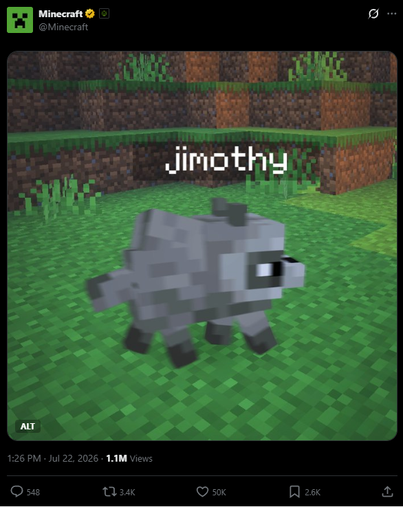 pandaa's tweet photo. Since Minecraft tweeted $JIMOTHY its FULL SENDING...

All holders should be hyped for the rest of week to play out.

Be ready for the moon! https://t.co/0FdY5OlW9K