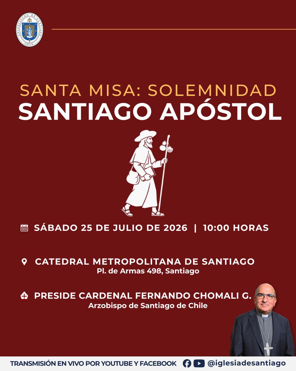Iglesiastgo's tweet photo. Invitamos a participar en la Santa Misa de la Solemnidad de Santiago Apóstol, para dar gracias a Dios y encomendar la vida de nuestra ciudad bajo el testimonio de su santo patrono. 

25 de Julio de 2026, 10:00 h.

¡Anunciemos la alegría del Evangelio en nuestra ciudad! https://t.co/OP36vmEpA4
