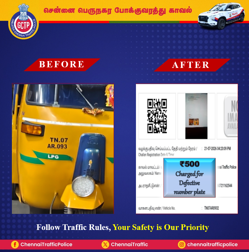 ChennaiTraffic's tweet photo. @Madhan205037 * Your tweet was verified and action taken.
#NoDefectiveNumberPlate #Registration #NumberPlate #NoFancyPlate #NoHonking #DoNotDrinkAndDrive #NeverOffDuty #InPublicService #YourSafetyOurPriority https://t.co/jfhNC4XsYU