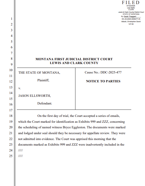 SeabornLarson's tweet photo. We're running it back:
Ellsworth will get a new trial after judge notified the parties this morning that evidence not admitted at trial was provided to the jury.

A Montana DOJ spox says the AG's office looks forward to retrying the case. 

#mtnews https://t.co/h3hsbIPMLN