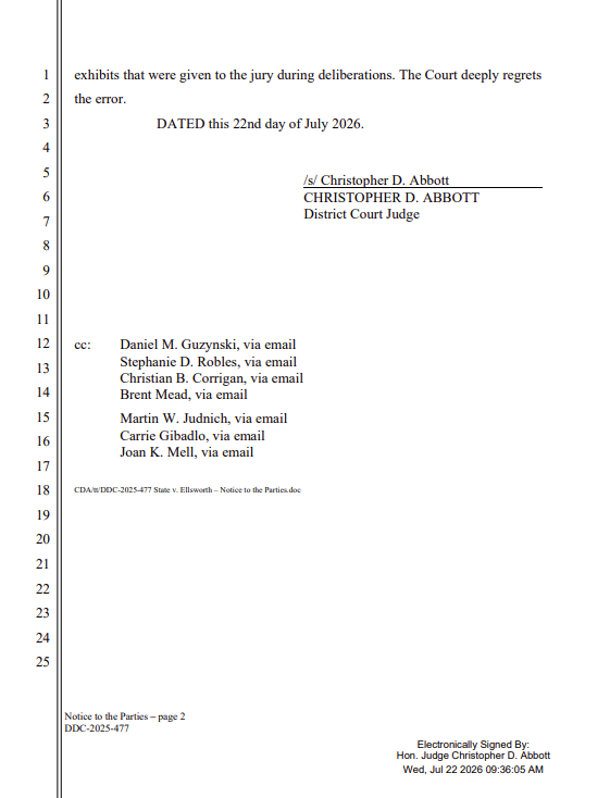 SeabornLarson's tweet photo. We're running it back:
Ellsworth will get a new trial after judge notified the parties this morning that evidence not admitted at trial was provided to the jury.

A Montana DOJ spox says the AG's office looks forward to retrying the case. 

#mtnews https://t.co/h3hsbIPMLN