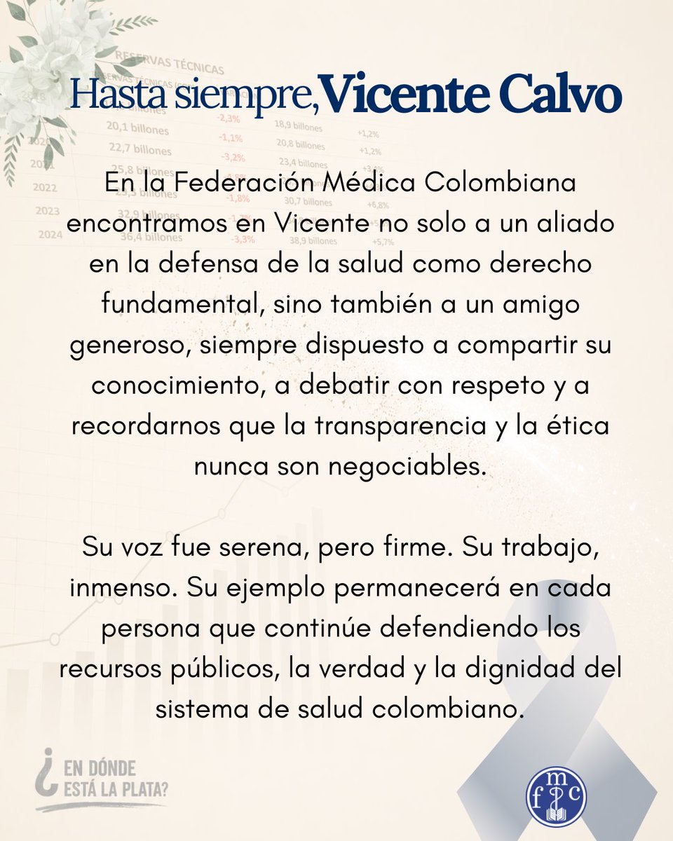 FedemedicaC's tweet photo. Hoy despedimos a @vcalvot, un hombre que convirtió el conocimiento, el rigor técnico y la defensa de la transparencia en un servicio para Colombia.

En la @FedemedicaC recordaremos siempre su amistad, su generosidad y su compromiso con el derecho fundamental a la salud. https://t.co/bQRl7ut1Cn