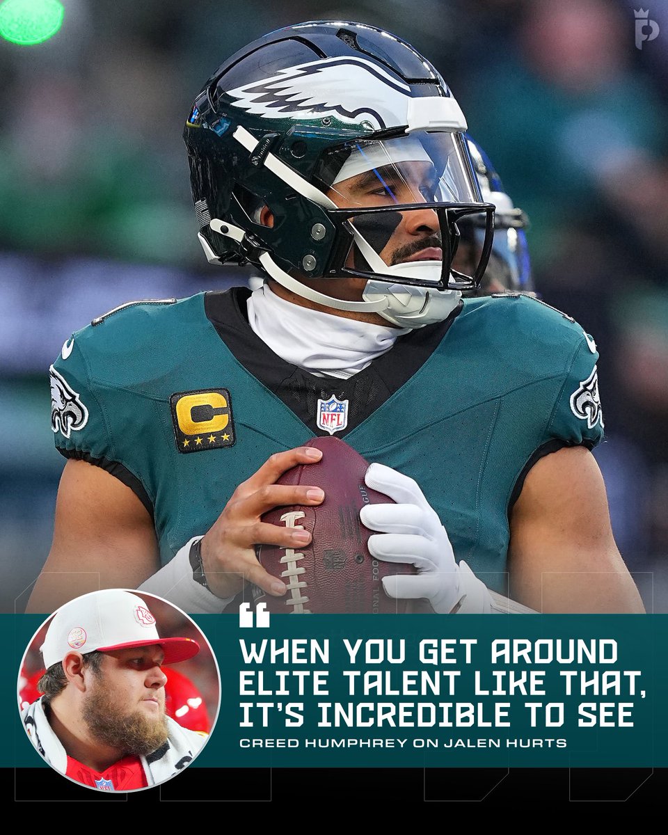 freshprincephi's tweet photo. Chiefs C Creed Humphrey praises Jalen Hurts on the NFL Top 100:

“When you get around elite talent like that, it’s incredible to see. Incredible work ethic, incredible competitor too. He’s in the gym constantly, always working to get better. He’s a tremendous talent.” https://t.co/Sty2r8Jomy