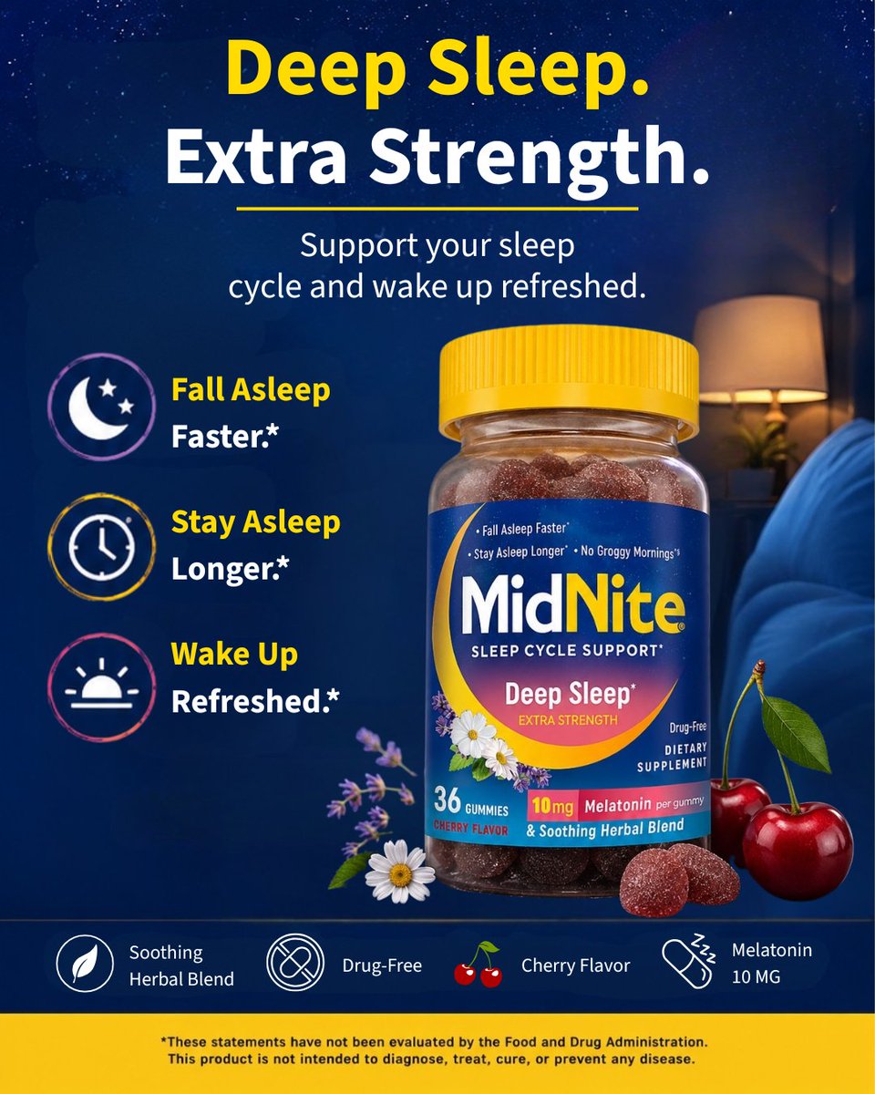 MidNite_Sleep's tweet photo. 🌙 Better nights start here.
MidNite® Deep Sleep Extra Strength helps support your sleep cycle for those occasional sleepless nights.
💙 Fall asleep faster*
💙 Stay asleep longer*
💙 Wake up refreshed*
🍒 Drug-free cherry flavored gummies.
#MidNite #DeepSleep https://t.co/xie1c4NJC6