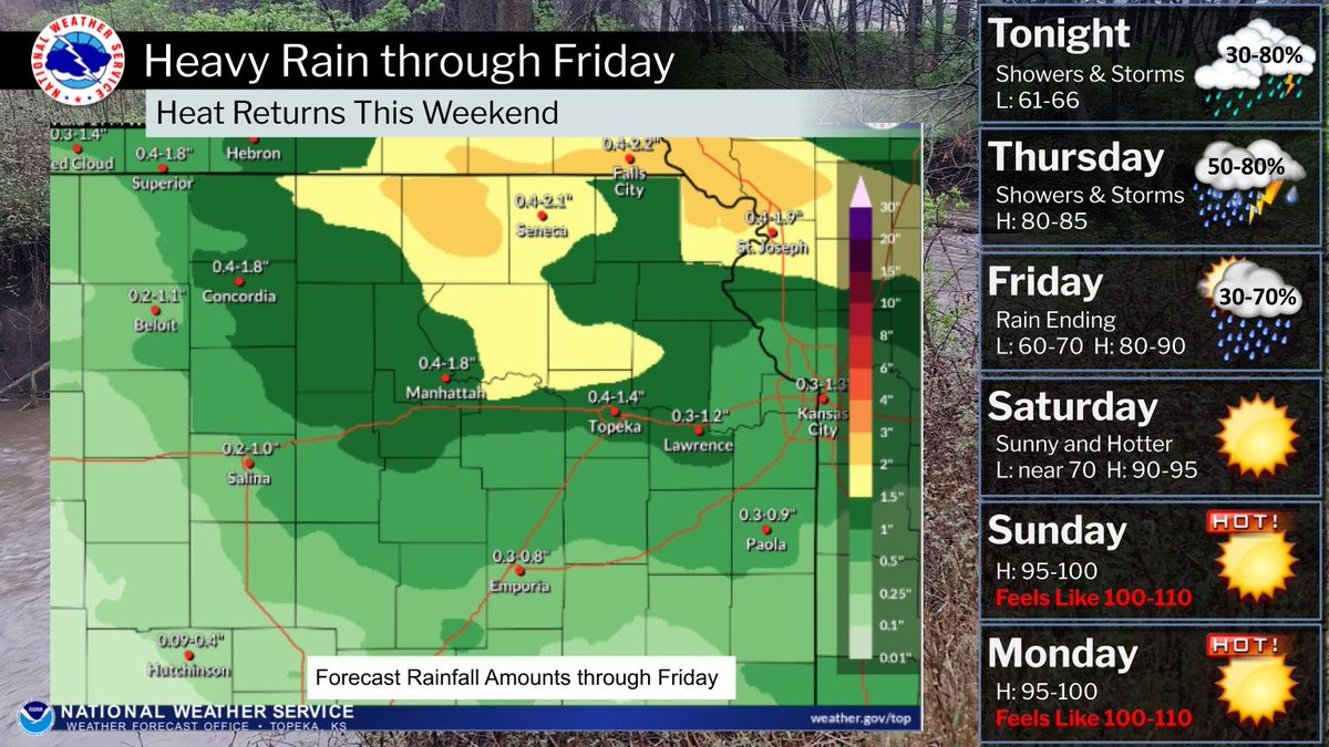 NWSTopeka's tweet photo. The forecast has a couple chances for heavy rain tonight and again Thursday night. If the rain moves over the same locations both nights, there could be some isolated flooding. The rain should move out on Friday with hot and humid weather building in this weekend. #kswx https://t.co/MO5MAu6NSP