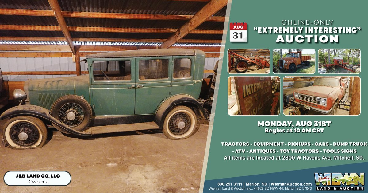 wiemanauction's tweet photo. UPCOMING EVENT:
Extremely Interesting Online Auction 
Monday, Aug 31st @ 10 AM cst

TRACTORS - EQUIPMENT - PICKUPS - 1928 OLDSMOBILE F28 4 DR SEDAN - DUMP TRUCK - ATV - ANTIQUES - TOY TRACTORS - TOOLS SIGNS

Catalog Available: 
https://t.co/EbPfTsMM5Y

#antiques #antiquecar #toys https://t.co/LDq1swWVYs