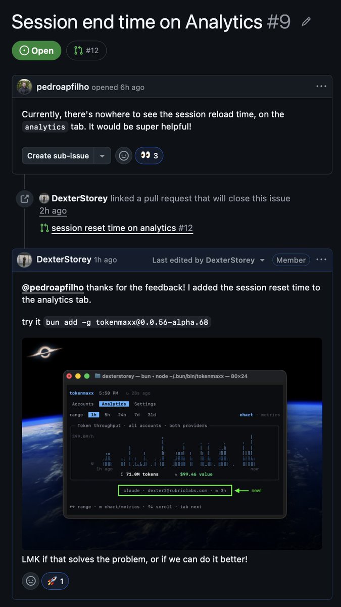 dexterstorey's tweet photo. when someone gives us feedback, we put up a PR which automatically publishes a release-candidate on NPM and pings the person to test it.

it's kinda like frontend preview urls - but for a CLI.

thanks to @pedroapfilho, @lennardeth and @TedSpare for the 🔥 feedback https://t.co/q54lFo5CYJ