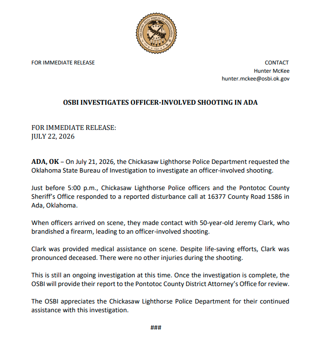 OSBI_OK's tweet photo. OSBI INVESTIGATES OFFICER-INVOLVED SHOOTING IN ADA
#OSBI #OneTeamOneMission https://t.co/1m1Kbkynhn