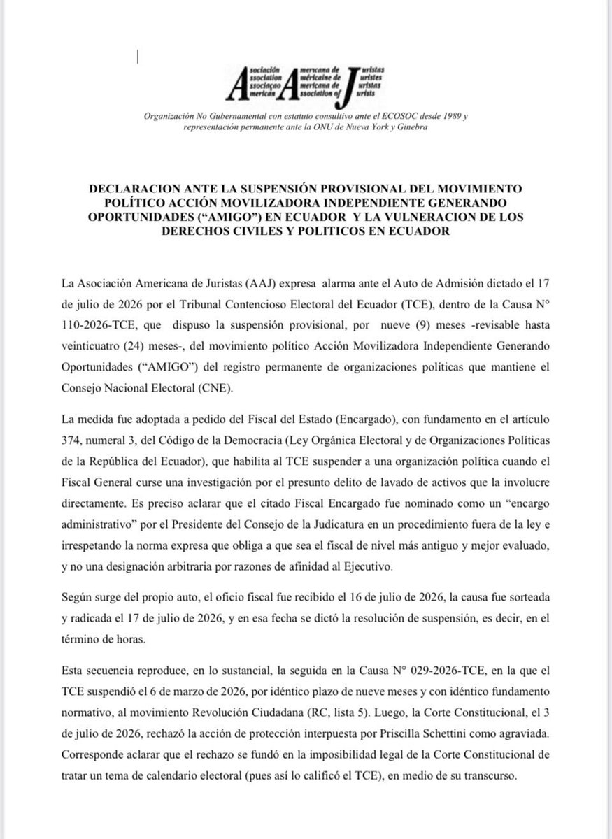 ecuainm_oficial's tweet photo. ‼️#URGENTE
La Asociación Americana de Juristas (AAJ) cuestionó la suspensión provisional del movimiento AMIGO y advirtió posibles vulneraciones al debido proceso, la seguridad jurídica y los derechos de participación política. Según la organización, la medida fue adoptada sin audiencia ni defensa previa y, junto con la suspensión de Revolución Ciudadana, podría afectar el pluralismo y la competencia electoral en Ecuador.