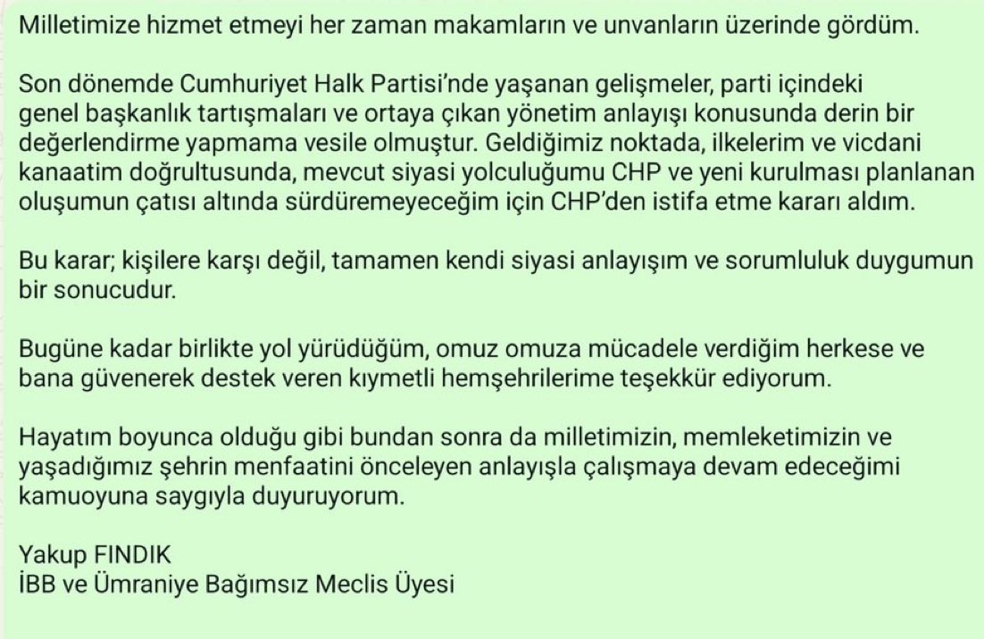 doganburak29's tweet photo. CHP’nin Ümraniye Belediyesi ve İBB Meclis Üyesi Yakup Fındık, partisinden istifa ettiğini açıkladı. 

Fındık açıklamasında, Özgür Özel’in kuracağı yeni partide de yer almayacağını söyledi. https://t.co/EtGjefuqLn