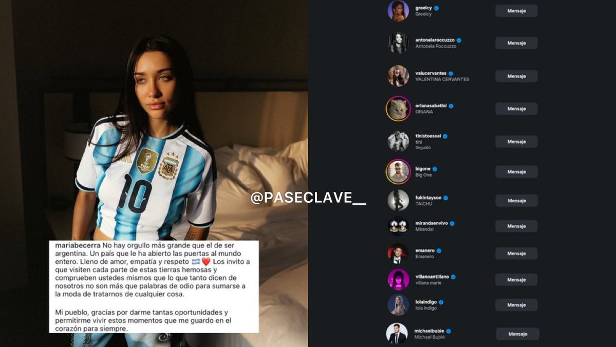 paseclave__'s tweet photo. ❤️‍🩹🇦🇷 “No hay orgullo más grande que ser argentina. Los invito a que visiten nuestras tierras y comprueben que lo que dicen de nosotros son palabras de odio para sumarse a la moda de tratarnos de cualquier cosa”

La publicación de María Becerra que likeó Antonela Rocuzzo https://t.co/Gl8JwfI8nI