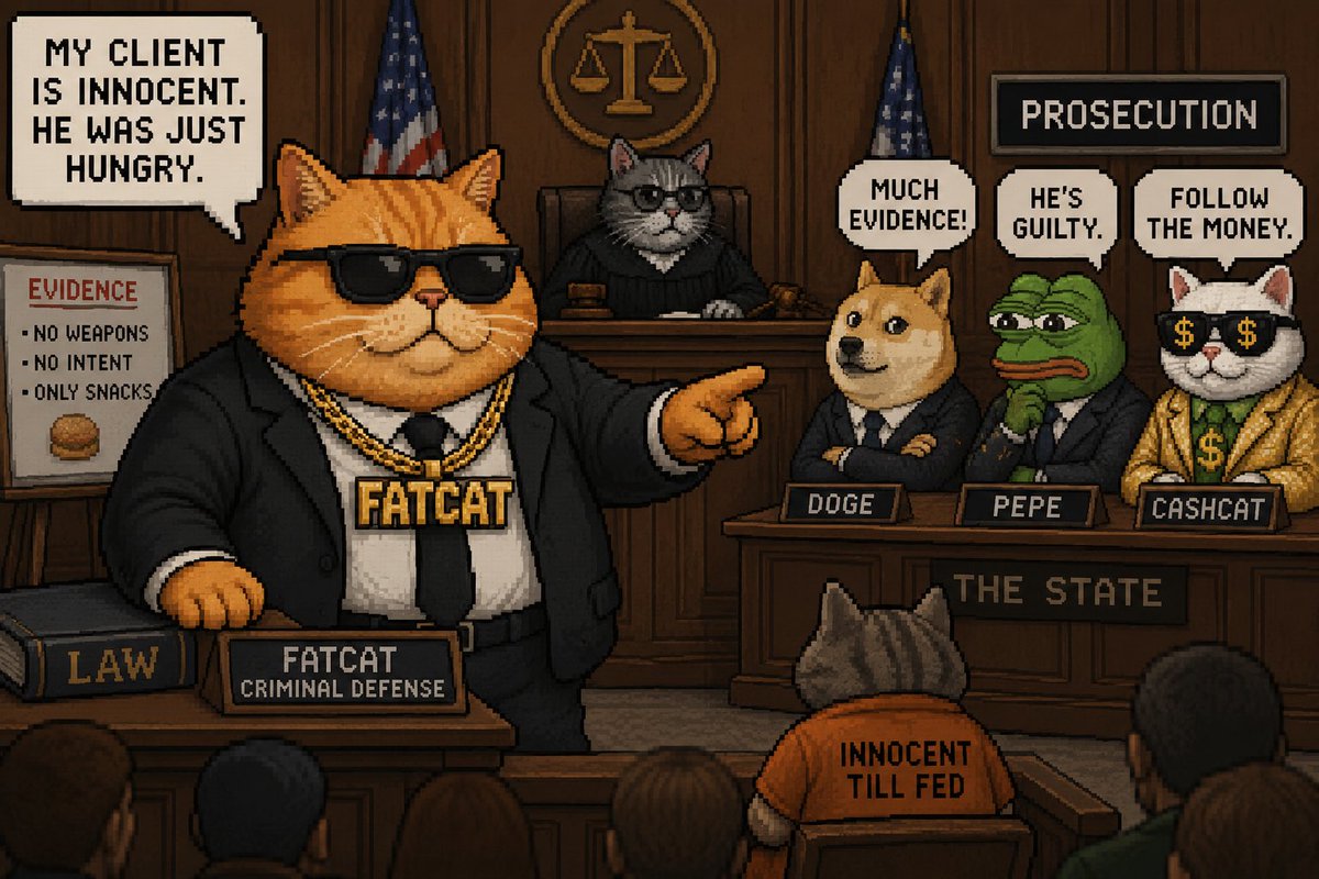 ORYXS_'s tweet photo. ⚖️ FATCAT v. The Copycats ⚖️

Court is now in session.

FATCAT doesn’t waste time arguing on the timeline—he lets the evidence speak. While Doge, Pepe, and CashCat try to make their case, FATCAT is busy defending the community that’s been building from day one. In the end, the verdict isn’t decided by words… it’s decided by conviction, patience, and the people who never left.