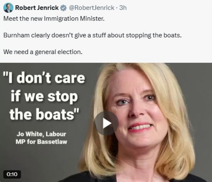 PolitlcsUK's tweet photo. 🚨 NEW: Robert Jenrick has now deleted a doctored voice recording of Immigration Minister Jo White 

She had published the full audio in which she said: "I don't care who will stop the boats, but my number one priority is to stop those boats" https://t.co/6rHV0mPXpl