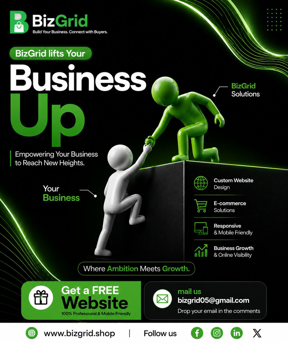 biz_grid's tweet photo. 🚀 Your business deserves a website that works 24/7.
Build your online presence, reach more customers, and grow with BizGrid.

🎁 Get a FREE Professional Website (Terms apply)
🌐 https://t.co/J6iCvaKi3k⁠�
📧 bizgrid05@gmail.com

Build Your Business. Connect with Buyers. https://t.co/Wb5SIMkAT9