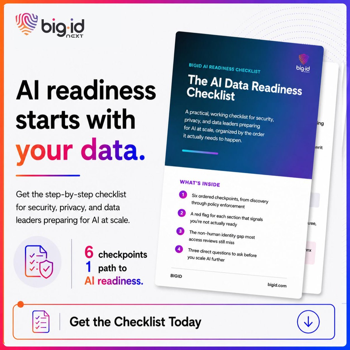 bigidsecure's tweet photo. What's the one gap in your data foundation you haven't uncovered yet?

The AI Data Readiness Checklist helps you move beyond assumptions with a framework to uncover hidden gaps, prioritize what matters most, and strengthen the data foundation behind every AI initiative.

Download your copy now: https://t.co/DgAN7OiOZZ