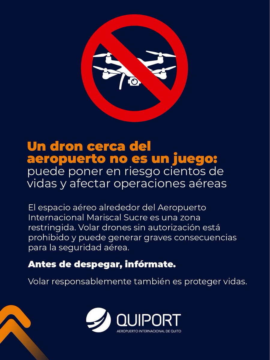 AeropuertoUIO's tweet photo. Un dron cerca del aeropuerto no es un juego: puede poner en riesgo vidas y afectar las operaciones aéreas.

El espacio aéreo alrededor del Aeropuerto Internacional Mariscal Sucre es una zona restringida. Volar drones sin autorización está prohibido.

Infórmate en el artículo de r: link en la bio.

Volar responsablemente también es proteger vidas.