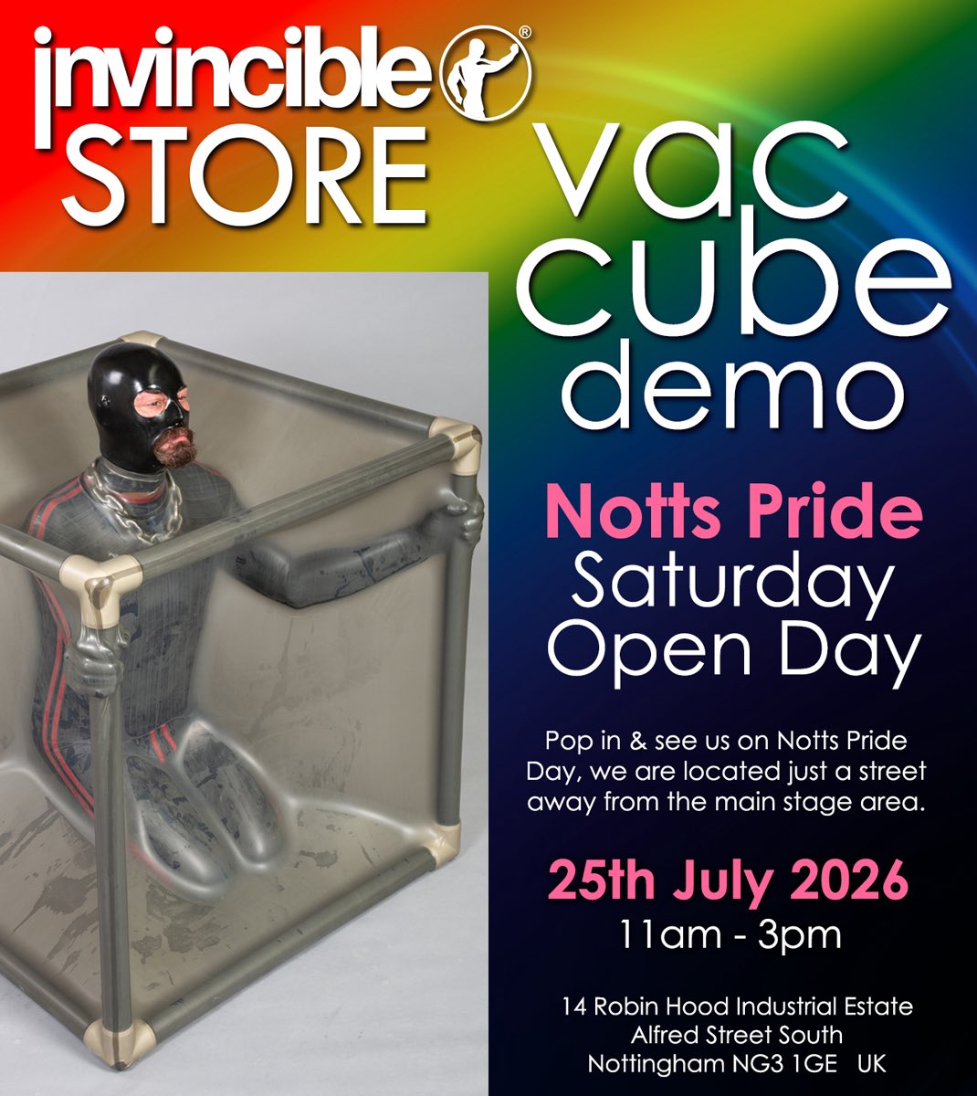 invinciblerubbr's tweet photo. This Saturday we’re opening our Nottingham store for a special Notts Pride Open Day! 🌈

Come and say hello, browse our latest handmade rubber gear, try on Ready to Ship items and see our live Vac Cube and Sleep Sack demonstrations throughout the day.

Whether you’re curious, experienced, or simply want to see what it’s’s all about, everyone is welcome to pop in. We’re just a short walk from the Notts Pride main stage.

📍 Invincible Rubber Store
14 Robin Hood Industrial Estate
Alfred Street South
Nottingham NG3 1GE

📅 Saturday 25th July
🕚 11:00am – 3:00pm

Find out more and browse the range before you visit:
https://t.co/loQdbMxmh3

#NottsPride #InvincibleRubber #Latex #RubberGear #Nottingham