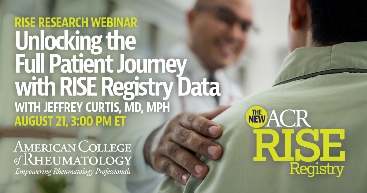 ACRheum's tweet photo. Explore how tokenized, linked data from the ACR RISE registry can help you unlock the full patient journey and strengthen your rheumatology research during this August 21 webinar. Learn more and register → https://t.co/mrwHkphPMM https://t.co/1m4xhJinzH
