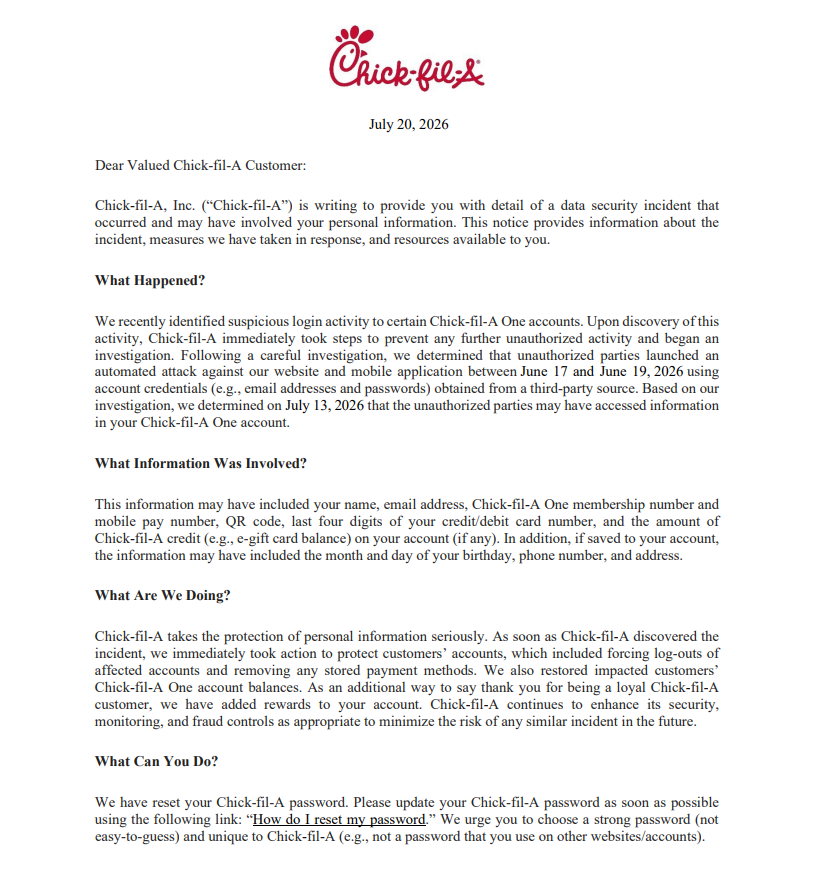 Malwarebytes's tweet photo. Chick-fil-A is alerting customers to change their Chick-fil-A One passwords after unauthorized access to their system.

The accessed data includes partial cc numbers and potentially phone number and address.

Another example of how trading your data for discounts can be risky. https://t.co/D8PjzAFyow