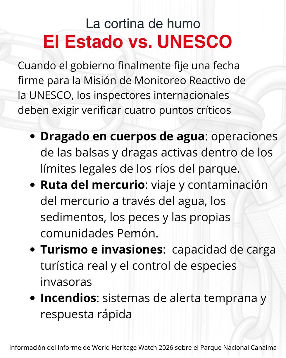 SOSOrinoco's tweet photo. DIA #3 REPORTANDO SOBRE LA SITUACION DE CANAIMA DURANTE LA 48.ª SESIÓN DEL COMITÉ DEL PATRIMONIO MUNDIAL DE @UNESCO #Busan 🇰🇷

‼️Venezuela bloquea la misión de UNESCO para ocultar la verdad sobre #Canaima

❌ Mientras se produce esta destrucción, el régimen de @delcyrodriguezv continúa con su estrategia de negación y dilación. En sus informes oficiales a UNESCO, las autoridades describen cínicamente la minería ilegal como un «fenómeno marginal» e intentan achacar la culpa a las sanciones internacionales. Han bloqueado o retrasado sistemáticamente la Misión de Seguimiento Reactivo, solicitada desde hace tiempo, por temor al escrutinio internacional de su negligencia. @InparquesVzla, la institución responsable de proteger el parque nacional, ha mostrado una clara negligencia institucional, ya que la minería se expande bajo su supervisión. (Enlace a su informe ⤵️)

❌ La minería está provocando la sedimentación de la presa de Guri y pone en peligro el suministro eléctrico de Venezuela: las consecuencias van mucho más allá de los límites del parque. Los sedimentos de los ríos Cuquenán y Caroní fluyen directamente hacia el embalse de Guri, aguas abajo del parque, lo que reduce su capacidad de almacenamiento y pone en peligro las turbinas hidroeléctricas de Venezuela y el suministro eléctrico nacional.

❌ La huella total de la minería asciende ahora a 1.852 hectáreas, pero los impactos cualitativos y funcionales son muchas veces mayores. Solo entre 2024 y 2025, se perdieron 300 nuevas hectáreas a causa de la minería, incluidas 72 hectáreas de bosque virgen a los pies del tepuy sagrado de Chimantá.  El extractivismo promovido por el Estado está convirtiendo los bosques de Canaima —que en su día fueron importantes sumideros de carbono— en fuentes de emisiones de gases de efecto invernadero, lo que supone una clara violación de los propios compromisos climáticos de Venezuela de cara a la COP30.

‼️Enlace al informe absurdo de @InparquesVzla y @MinecOficial a UNESCO➡️ https://t.co/ws2bkqNIOq