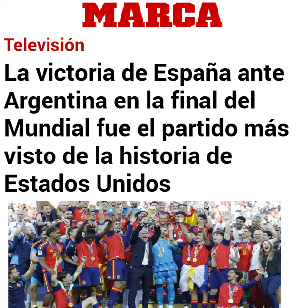 CCivicaCatalana's tweet photo. La victoria de España ha tenido audiencias récords en todo el mundo.

En EEUU ha sido el partido más visto de la historia.

Más de 62 millones de estadounidenses lo vieron. 38 millones en inglés y 24 millones en español

Y mientras dentro de España, algunos queriéndolo boicotear. https://t.co/Wmb49RR3wf