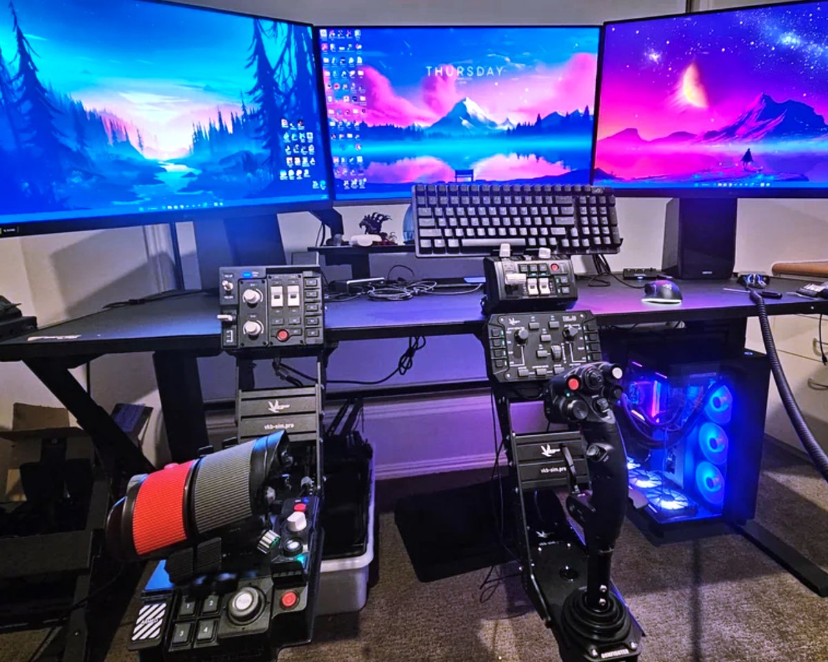 VKBsim's tweet photo. When he said all in, he meant ALL IN

User u/FilthySD takes buy once, cry once to heart with this incredible first flight-sim setup. Gunfighter IV, STECS Max, triple screens and button boxes - what more could you ask for when taking to the skies in #dcs and #msfs!? https://t.co/zKXqYFyyWM