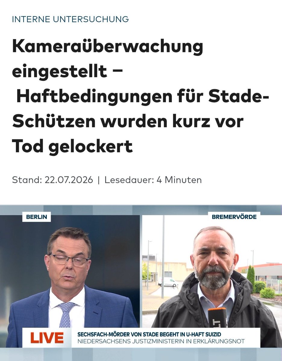 LilitThyra's tweet photo. Na sowas aber auch. Die Zufälle im Fall Stade nehmen kein Ende!
Kurz vor dem Tod des Schützen wurden die Haftbedingungen gelockert und die Kameraüberwachung eingestellt!

"Nur einen Tag vor dem Tod des 45-Jährigen wurden die Maßnahmen auf Anraten der Psychologin komplett eingestellt!"