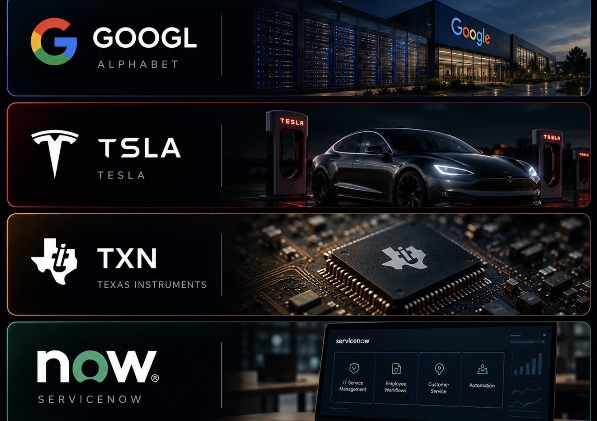 HexagoneMarkets's tweet photo. Un résumé des résultats de hier 

1. $GOOGL vient de rappeler une chose que beaucoup avaient oubliée pendant le pullback : le CapEx IA ne ralentit pas, il accélère. Cloud +82 %, 950 millions d’utilisateurs Gemini, 195–205 Md$ de CapEx en 2026 et probablement beaucoup plus en 2027. On ne dépense pas 200 Md$ parce que la demande en infrastructure IA est en train de mourir. Le read-through pour $LITE, $COHR, $SNDK, $NBIS et toute la stack est évident. Mais le revers existe : −5,9 Md$ de FCF et un EPS artificiellement dopé par les participations financières. L’IA gagne. Reste à savoir qui encaisse et qui finance

2. $TSLA livre davantage de voitures, mais gagne moins d’argent sur chacune d’elles. 28,2 Md$ de revenus, des livraisons en hausse de 25 %, mais seulement 1,4 % de marge opérationnelle et un free cash-flow négatif. À ce stade, le marché n’achète plus vraiment un constructeur automobile : il achète Cybercab, Robotaxi, Optimus et la promesse de la physical AI. La vision reste immense, mais les chiffres actuels obligent désormais Tesla à exécuter

3. $TXN est probablement le résultat le plus sous-estimé de la soirée. Revenus +23 %, EPS +52 %, avec l’industrie, l’automobile et les datacenters qui repartent ensemble. Quand les semi-conducteurs analogiques recommencent à imprimer ce type de croissance, cela signifie que le cycle ne repose plus uniquement sur Nvidia et la HBM. Le trade semi est peut-être simplement en train de s’élargir

4. $NOW rappelle qu’aucun CTO sérieux ne va retirer ServiceNow de son entreprise pour le remplacer demain matin par un agent IA au ROI incertain. Les abonnements progressent de 24,5 %, le cRPO de 21 % et la marge ajustée atteint 29,5 %. La guidance T3 est un peu légère, mais la guidance annuelle monte. L’IA ne supprime pas nécessairement les workflows : elle augmente la valeur de ceux qui savent les orchestrer