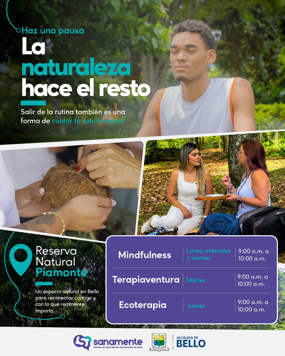 AlcaldiadeBello's tweet photo. 🌿 Regálate un momento para respirar, conectar y recargar tu bienestar.
En la Reserva Natural Piamonte te esperan espacios pensados para cuidar tu salud mental a través del contacto con la naturaleza. 💚 ¡Te esperamos! https://t.co/wjBROW93L0