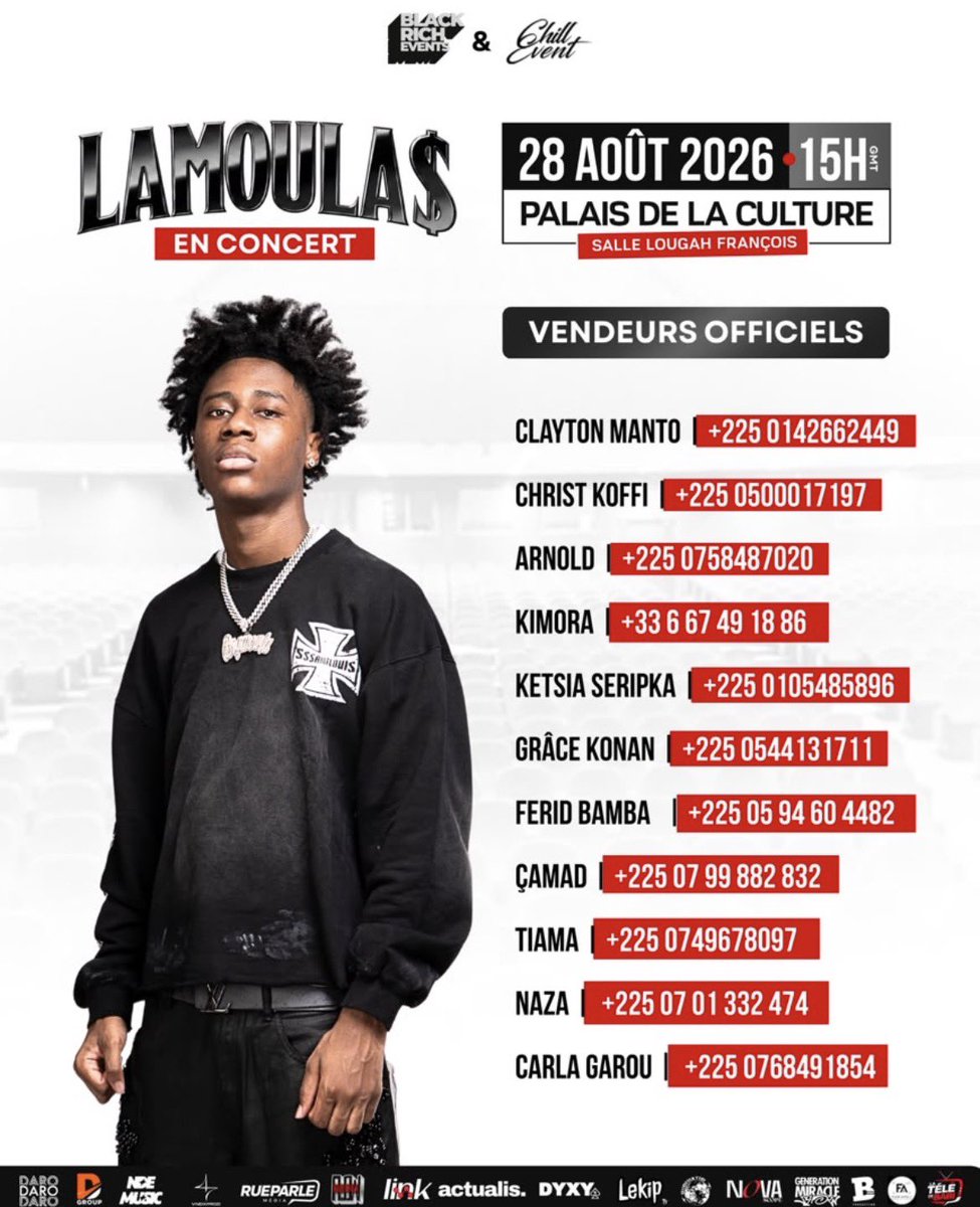 NEWAV_WRLD's tweet photo. 🚨 BILLETTERIE OUVERTE

Les billets physiques pour le concert de LAMOULA$ sont désormais disponibles auprès des vendeurs officiels. 🎟️🔥

🌐 Billets en ligne :
https://t.co/X8IY8HplPC

📅 28 août 2026
📍 Palais de la Culture – Salle Lougah François
🕒 15H GMT

Qui sera au rendez-vous ? 👀