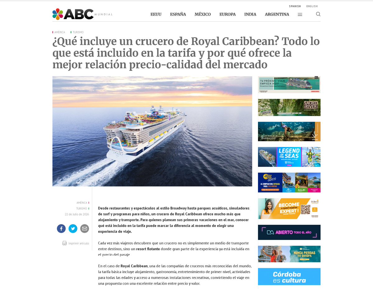 ABCMundial's tweet photo. ¿Qué incluye un crucero de Royal Caribbean? Todo lo que está incluido en la tarifa y por qué ofrece la mejor relación precio-calidad del mercado
#RoyalCaribbean #Cruceros 
https://t.co/Oco7MA0wDx https://t.co/eyfMEM8gfQ
