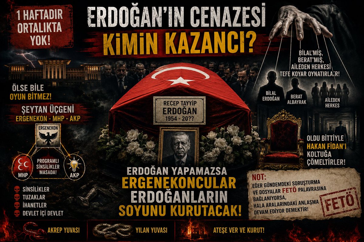 SabanAliOzel5's tweet photo. Erdoğan’ın bir haftadır ortalıkta olmadığı konuşuluyor.

Ölmesini şimdilik istemem.

Çünkü Ergenekon MHP ve AKP şeytan üçgeninde çok programlı sinsilikler ve şeytanlıklar masada cirit atıyor.

Erdoğan ölse Bilal’miş Berat’miş aileden herkesi tefe koyar oynatırlar. Oldu bitti ile Hakan Fidan’ı koltuğa çömeltirler.

Umarım Erdoğan ölmeden Ergenekon akrep ve yılan yuvasını ateşe verir ve kurutur.

Çünkü Erdoğan yapamazsa öldükten sonra Ergenekoncular Erdoğanların soyunu kurutacak.

Not: Eğer gündemdeki soruşturma ve dosyalar FETÖ palavrasına bağlanıyorsa hala aralarındaki anlaşma devam ediyor demektir.