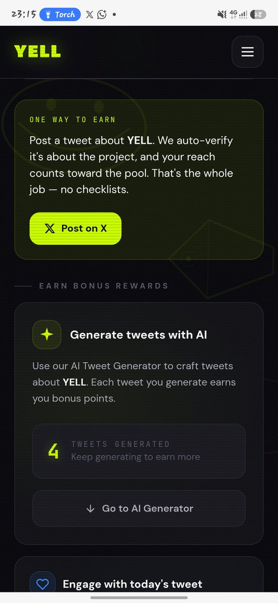 0xFarmer__'s tweet photo. How to Join YELL as a Creator and Start Earning

Referral Link: https://t.co/Yffq6WMgoh

Step 1: Open the Referral Link

Click the referral link above to visit the YELL website.

Step 2: Sign In with Your X (Twitter) Account

Tap "Login with X" and authorize YELL to connect to your X account. This is required because all creator campaigns run through X.

Step 3: Complete Your Profile

After logging in, set up your creator profile if prompted and review the available campaigns.

Step 4: Browse Live Campaigns

Choose a campaign from the list of active projects that interests you. Each campaign includes a reward pool and instructions.

Step 5: Create a Post on X

Write an original tweet about the project in your own words. Make sure your post is genuinely related to the campaign so it can be verified.

Step 6: Get Your Post Verified

YELL automatically checks whether your tweet is relevant to the campaign. No manual submission is required.

Step 7: Earn Rewards

Once your tweet is verified, your earnings are based on the verified reach of your post. Depending on the campaign, rewards are paid in USDC or the project's token.

Tips to Earn More:

1. Create engaging and original content.
2. Stay active by joining multiple campaigns.
3. Aim for higher reach to increase your rewards.
4. As you perform better, you can move up creator tiers and earn higher multipliers.

Join here: https://t.co/Yffq6WMgoh