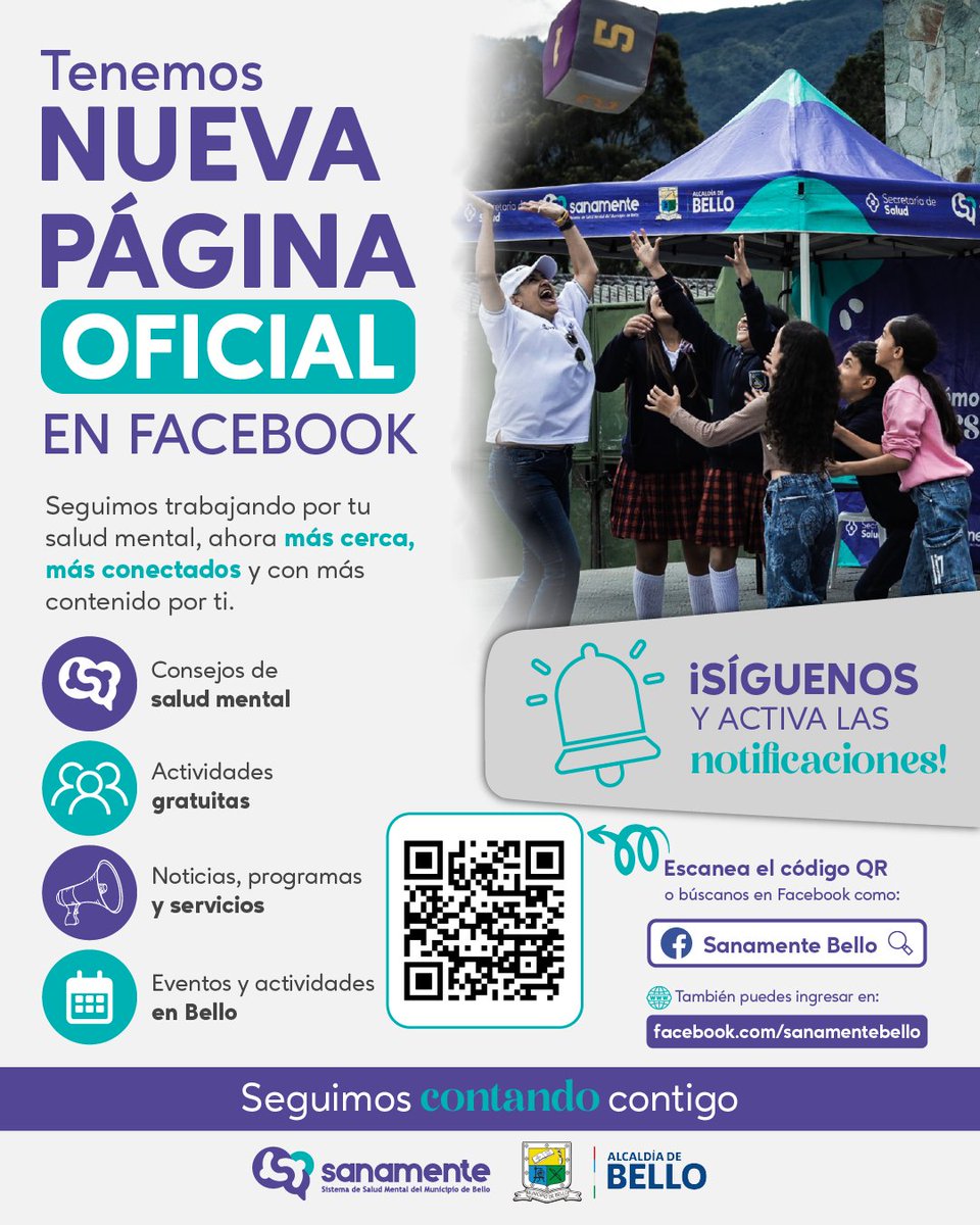 AlcaldiadeBello's tweet photo. 💜 ¡Ya tenemos nueva página oficial en Facebook de Sanamente!

Queremos seguir acompañándote con consejos, actividades, programas y contenido para cuidar tu salud mental. 🌿 Síguenos, activa las notificaciones y haz parte de esta comunidad. 

¡Te esperamos en Sanamente Bello! 💙 https://t.co/ni3juoooT9