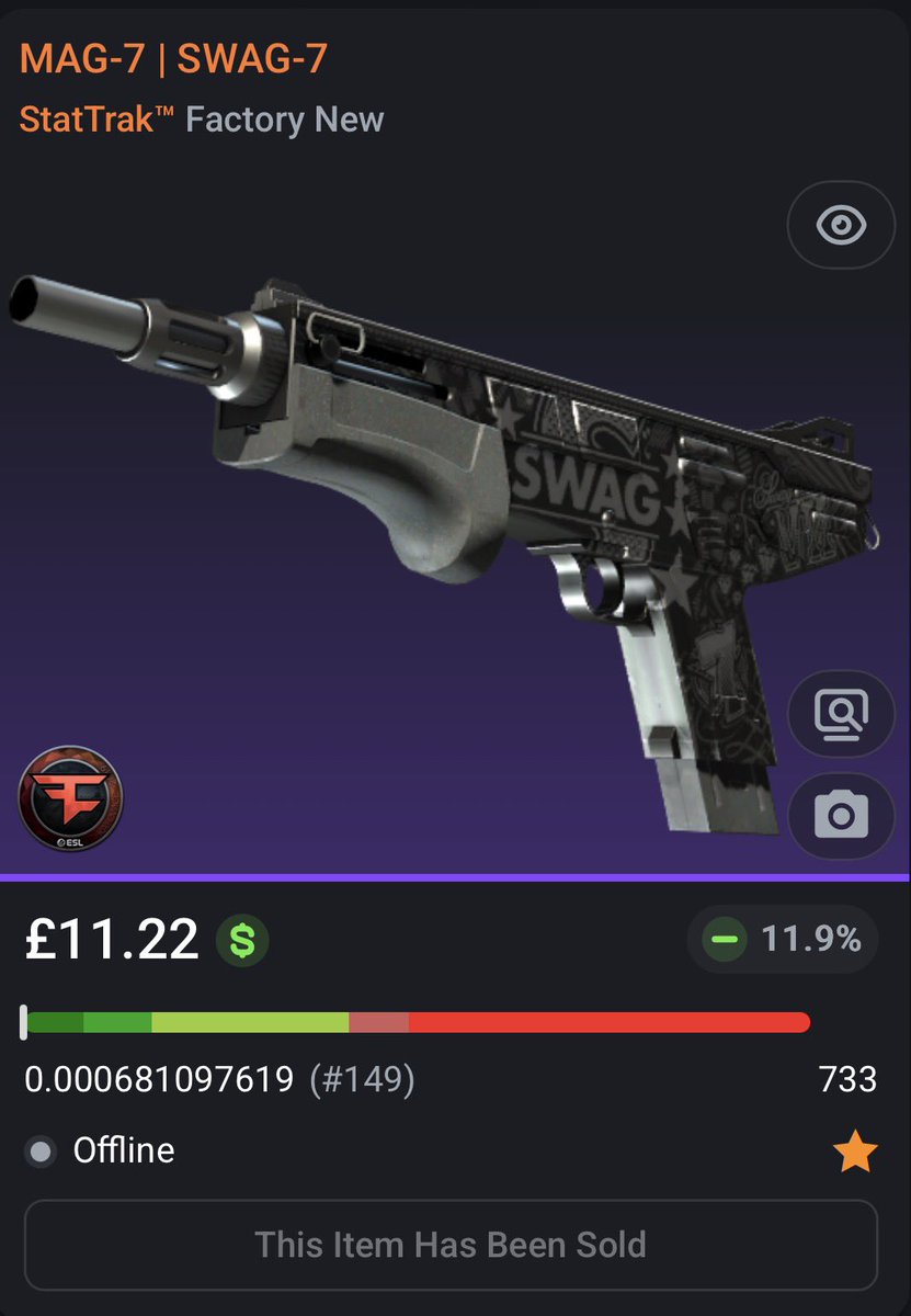 adsyyycs2's tweet photo. Nothing else to say here, just another absolute banger skin flip of the day 🤷🏻♂️
0.0006 ST™ MAG-7 | SWAG-7
✅FLIPPED✅
➡️Bought for: £11.24
➡️Sold for: £16.00
After fees, that's a total profit of £4.44 (39.5%)🤑💵
Find skins to flip link in bio!
#csfloat #cs2 #csgo #counterstrike #skins #trading #flipped #profit #roadto5k
