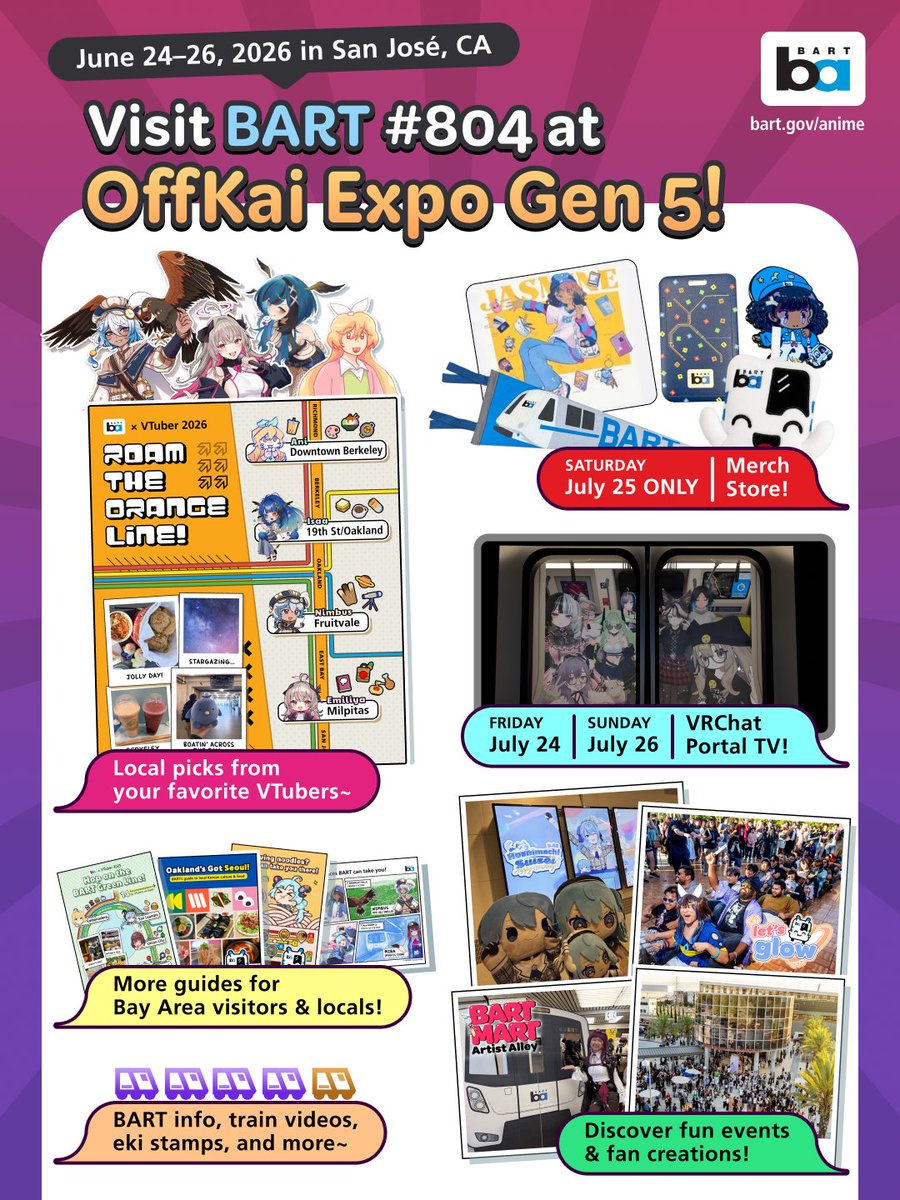 SFBART's tweet photo. Your local hype train (BART) will be back at #OffKaiGen5 this year! All aboard~! 🚇💨

Stop by booth 804 for all things fun &amp; trains, and discover the cool things the Bay Area has to offer: https://t.co/iwdnlh5pxc