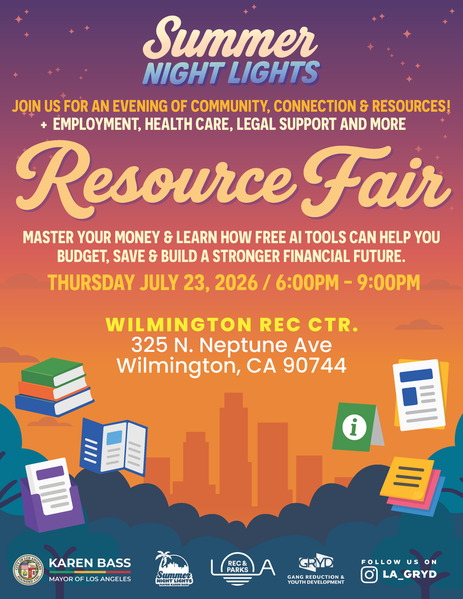 CSSDLA's tweet photo. π Join @cssdla Thursday, July 23rd, for Summer Night Lights Resource Fair with @lacityparks! π Bring the whole family to the Wilmington Rec Center from 6 - 9 p.m. While there, explore our #childsupport table and discover valuable resources. See you then π #Wilmington https://t.co/r4HONkfqJe