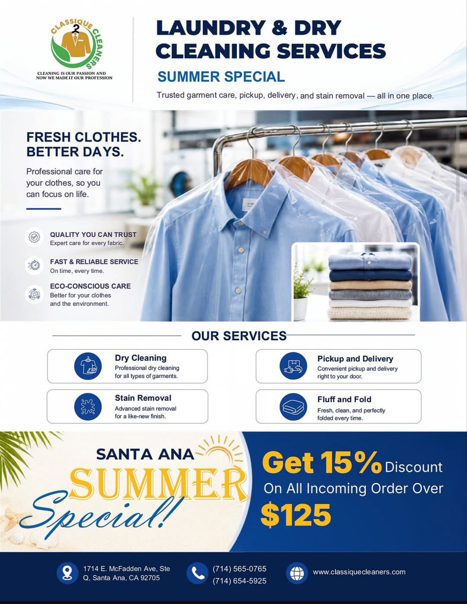 classiqueclean's tweet photo. Get 15% Discount On All Incoming Order Over $125.
📍 Visit us at 1714 E. McFadden Ave, Suite Q, Santa Ana, CA 92705
 📞 Call Today
(714) 565-0765
(714) 654-5925
 to learn about our premium drop-off options!
#CaliforniaLife #AITech #WashAndFold #LosAngeles #BayArea #SanDiego https://t.co/yAg37UbU4E
