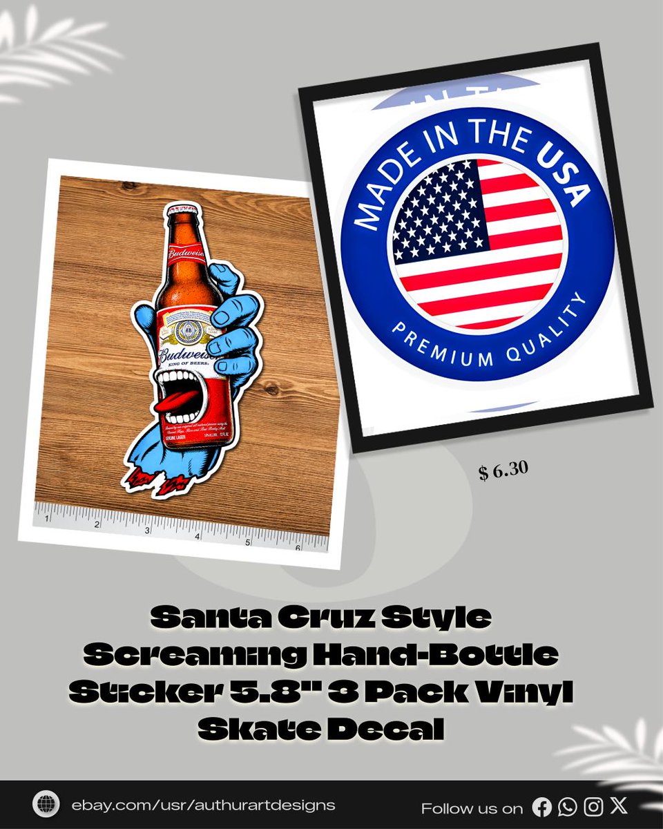 authur_art's tweet photo. Transform your gear with the Santa Cruz Style Screaming Hand stickers—just $6.30 for a 3 pack! Elevate your skate game today. #Skateboarding #VinylDecals https://t.co/uf0MrW1iCD