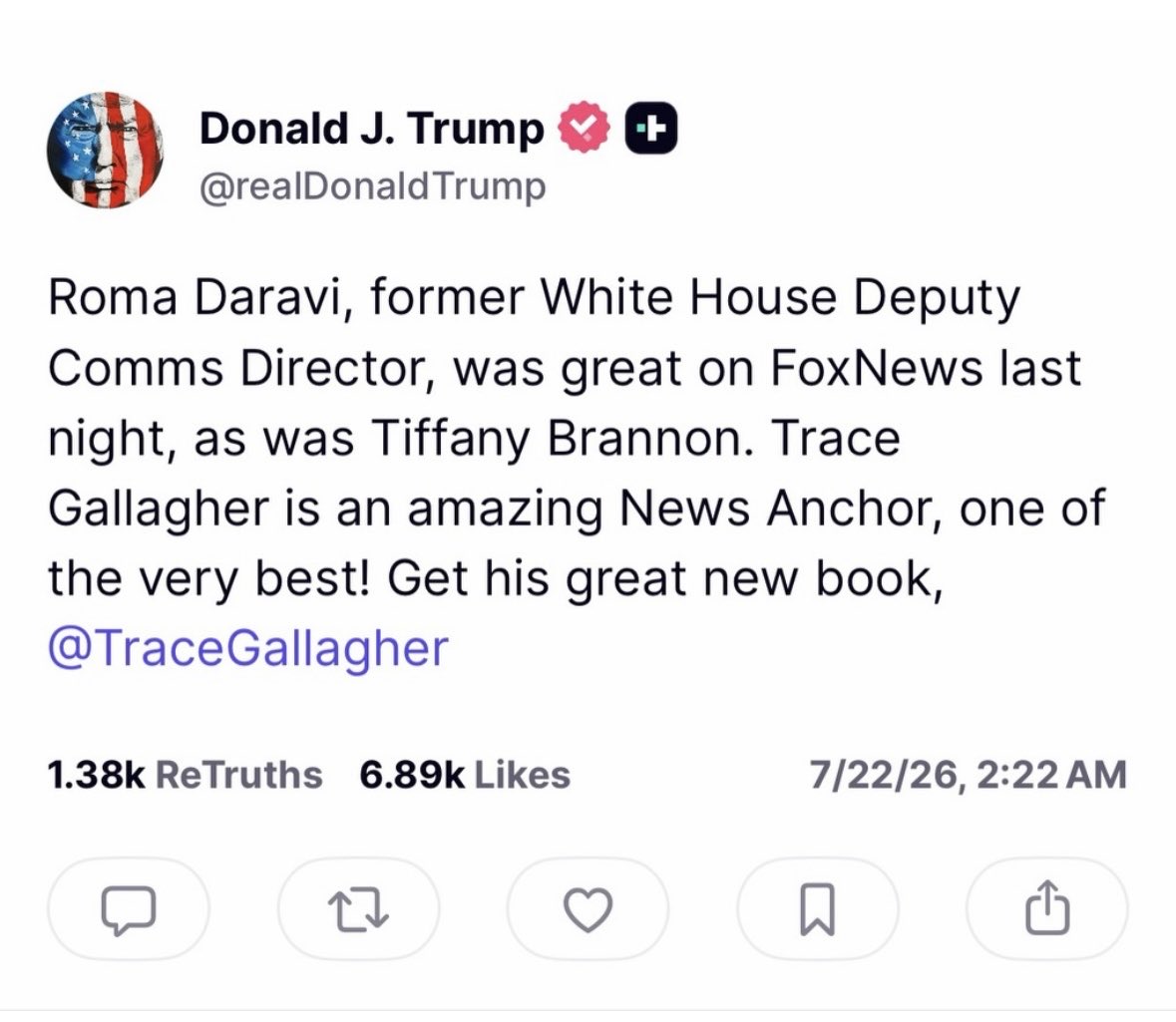 tracegallagher's tweet photo. A very special shoutout. 🇺🇸 President Trump says to get the book… and who am I to argue? Preorder your copy of Turns Out They Were Right All Along now at https://t.co/oerXSsRHVV— available September 15! https://t.co/TVJG9EicJN