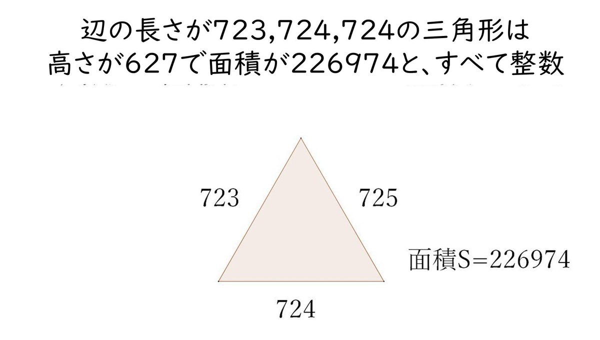 asunokibou's tweet photo. 7月23日です！「723」といえば非常に面白い話が。
正三角形からわずかにずれた形である、「辺の長さが723、724、725の三角形の面積」が、ぴったり「226974」と、整数値になります！
3辺の長さと面積の全てが整数となる三角形は「ヘロンの三角形」という名前がついています。