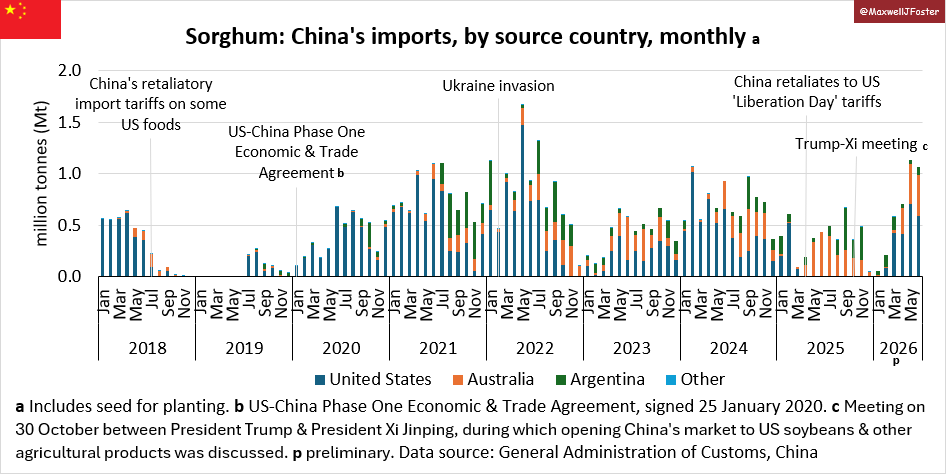 MaxwellJFoster's tweet photo. China's imports of US sorghum resumed after US President Trump and Chinese President Xi met in late October 2025 to ease bilateral trade tensions. But China's imports of US sorghum in the first half of 2026 were still roughly 30% lower than the average* for this time of the year.

*Based on the three years to 2024