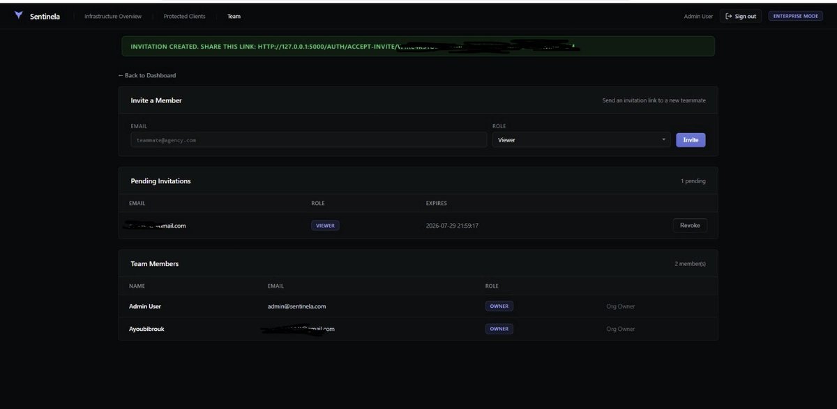 _eyb_s's tweet photo. Building agencies means working as a team. 🚀

Just shipped the Team Management &amp; Invitation system for Sentinela. Now agency owners can easily invite teammates, assign roles, and manage client infrastructure together securely.

#SaaS #BuildInPublic #CyberSecurity https://t.co/w8R01Q11BW