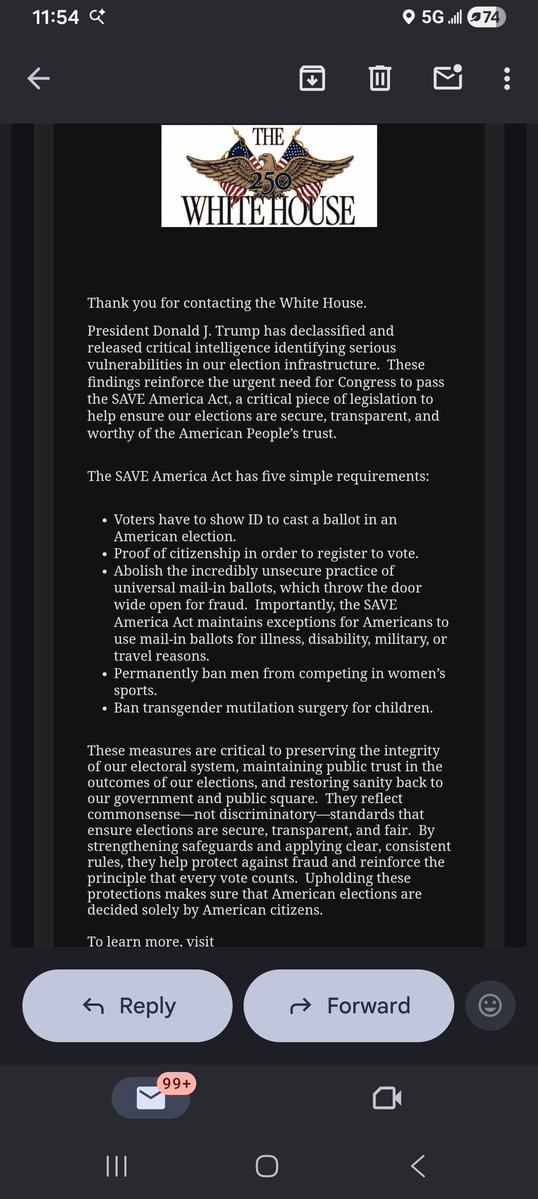 JonFelton6's tweet photo. Save america act wrote trump a message got this automated message back confirming that they received it https://t.co/JdaRy2Zwwu