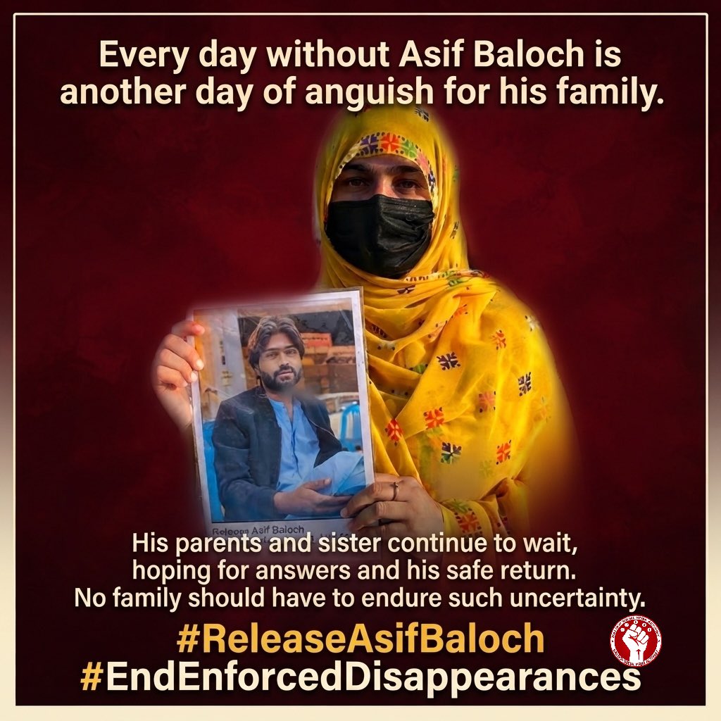 bashambaluch109's tweet photo. Every day without Asif Baloch is another day of anguish for his family. His parents and sister continue to wait, hoping for answers and his safe return. No family should have to endure such uncertainty. 

#ReleaseAsifBaloch #EndEnforcedDisappearances https://t.co/VCdUSNSLTu