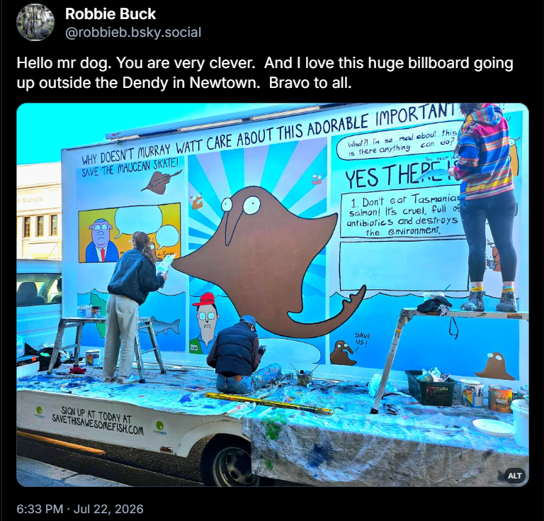 JonesHowDareYou's tweet photo. #FirstDogOnTheMoon #SaveTheMauceanSkate #DontEatTasmanianSalmon #auspol #politas https://t.co/r0EPYLK51o