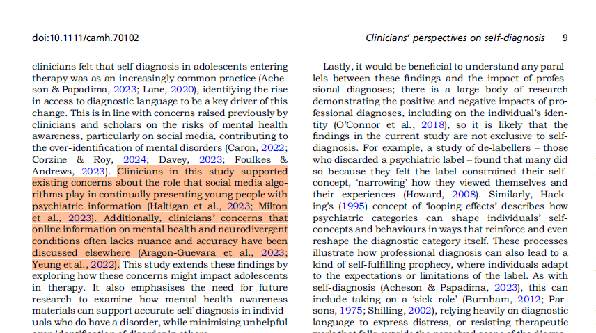 JDHaltigan's tweet photo. Paper citing my work on adolescents' self-diagnosis of mental DOs. Yes there should be serious concerns about the role that social medial algorithms play in continually presenting young people with psychiatric information. TikTok is a spread vector for progressive mental-illness-as identity.