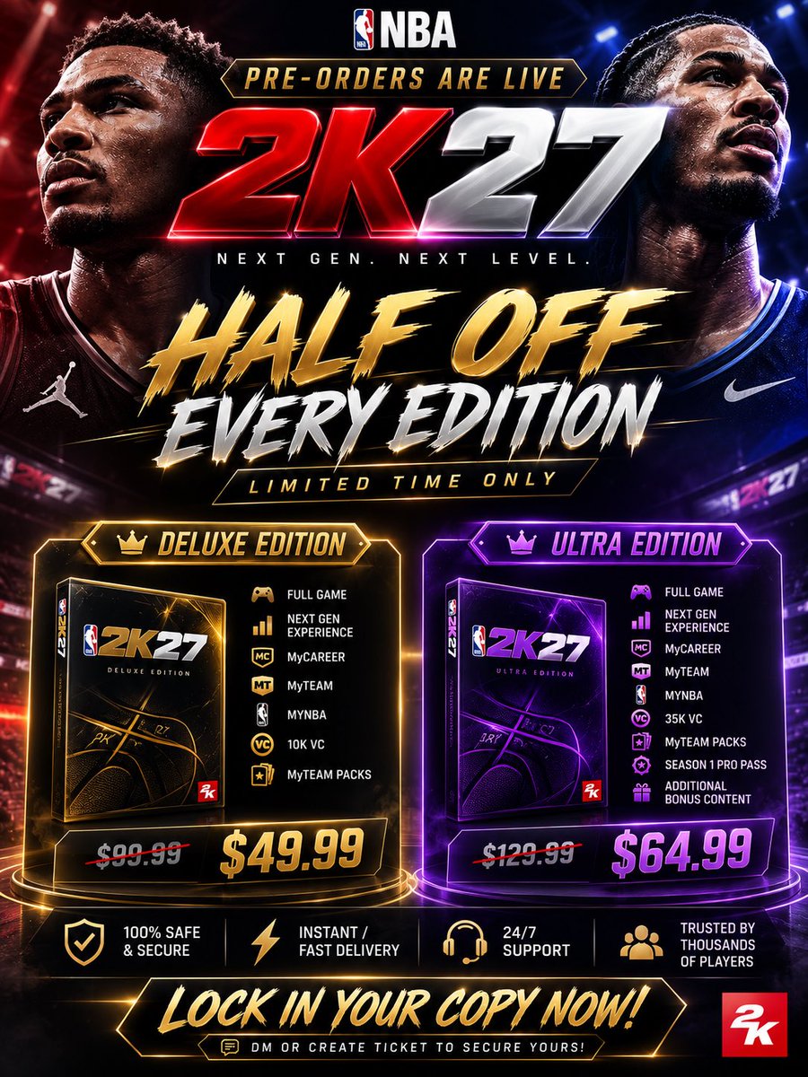 5ive2kServices's tweet photo. 🚨 NBA 2K27 PRE-ORDERS ARE LIVE 🚨

EVERY EDITION IS 50% OFF
🔥 Deluxe Edition
🔥 Ultra Edition
🔥 Standard & More

Lock in your copy today before this deal ends. 

#NBA2K26 #2K26 #NBA2K #2KCommunity #2KMyCareer #2KPark #2KRep #LegendAccount #2KLegend #XboxSeriesX #PS5 #GamingDeals #2KGrind #2KMarketplace #2KGamers #NBA2K26Season #2KContentCreator #XboxGaming #PlayStationGaming #2KNation #2KFamily #Gamers #VideoGames #2KSale #Legend5 #LegendAccountSale #FirstComeFirstServe #DMNow #GamingCommunity #NBA2K26Accounts
@Big_Brudda_PURP